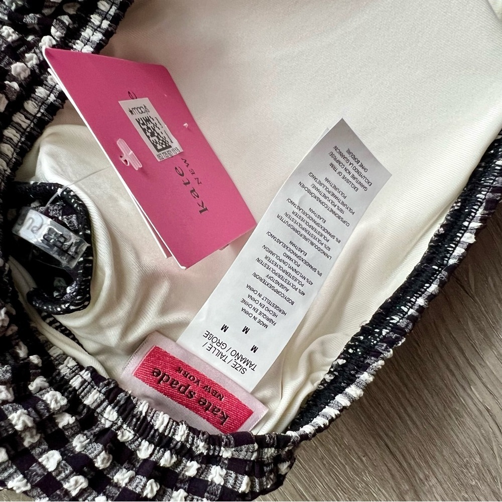 NWT Kate Spade Off The Shoulder Bikini Top Gingham Black White Padded Bandeau M - Picture 9 of 10